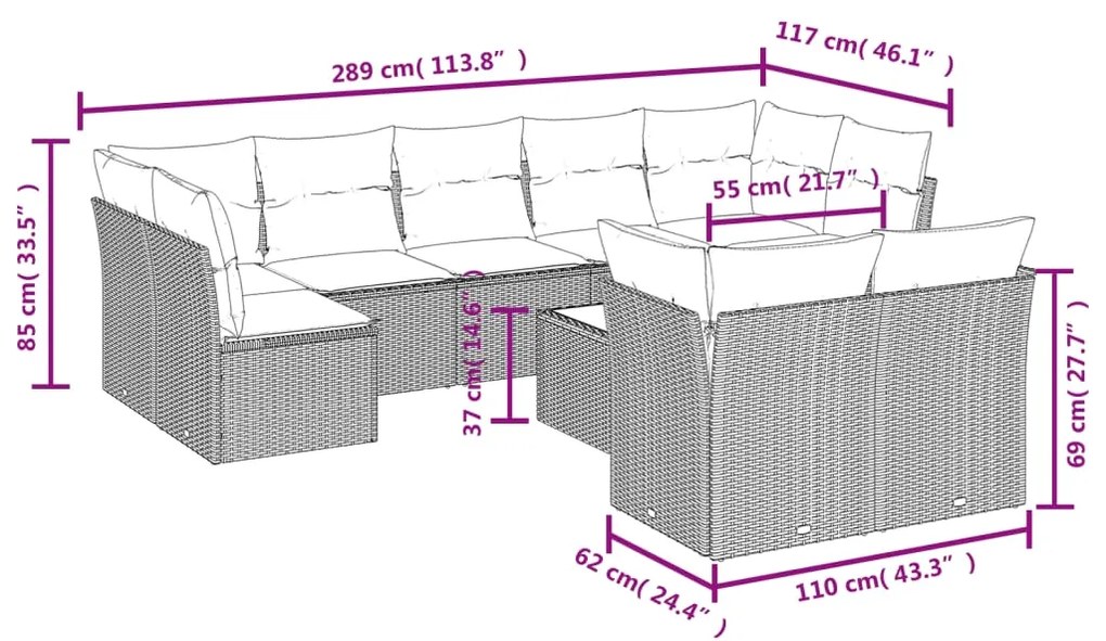 10 pcs conjunto sofás de jardim c/ almofadões vime PE preto