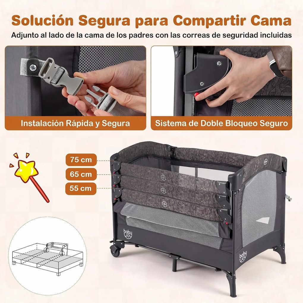 Berço Parque para Bebé 4 em 1, 110 x 68 x 55-75 cm, Dobrável, Cinzento