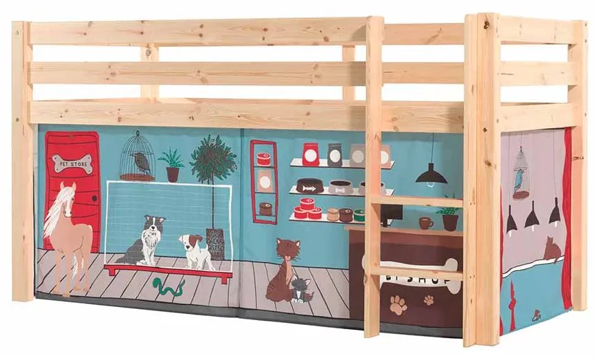 Cama alta de Criança PINO 90 x 200 cm + estrado + escada + cortina Animais Natural