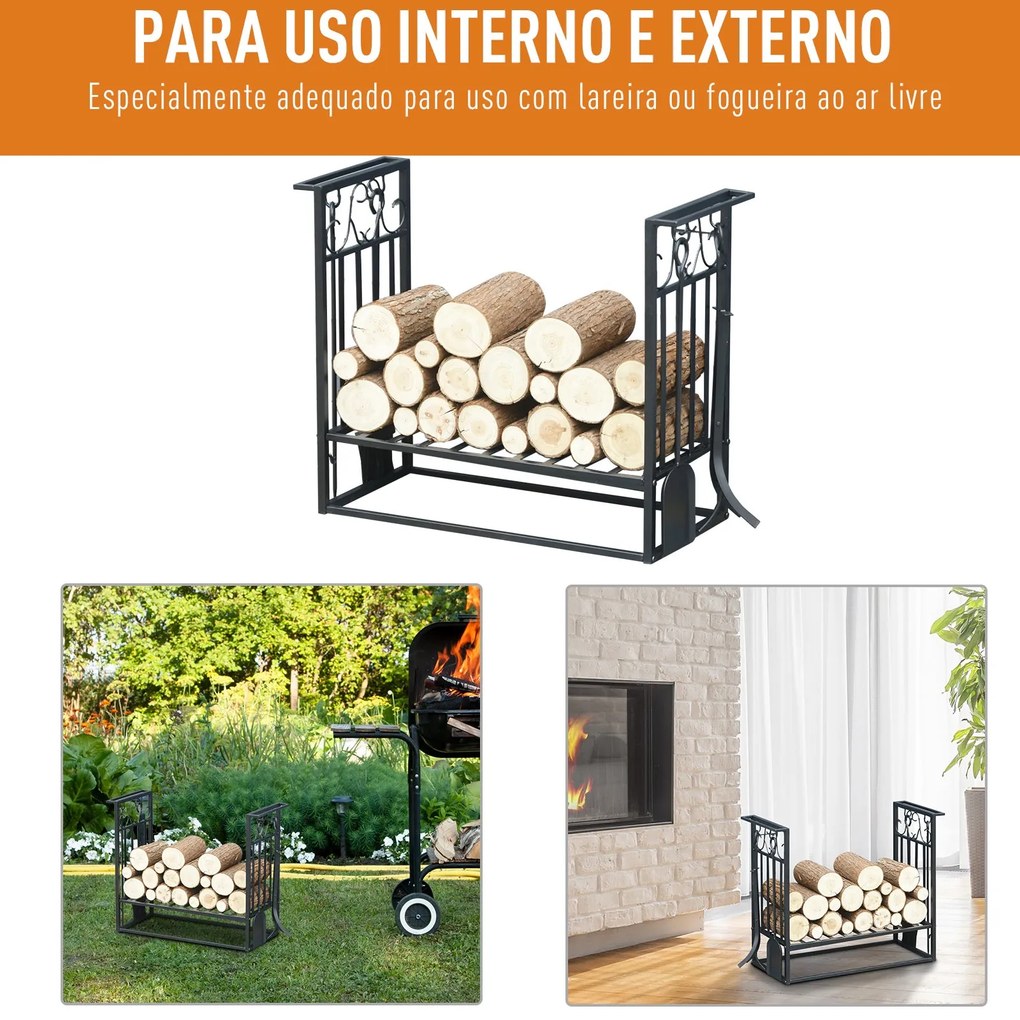 Suporte para Lenhas 75x30x60cm Porta Lenha com Desenho Vintage com 4 F