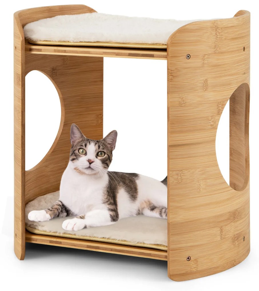 Torre para gatos pequenos de 2 níveis com estrutura de bambu Tapete de pelúcia macio amovível e lavável Buracos para gatos laváveis Bege