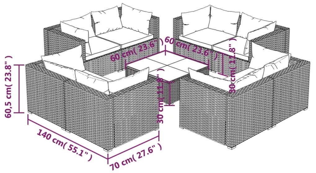 9 pcs conjunto lounge de jardim c/ almofadões vime PE preto