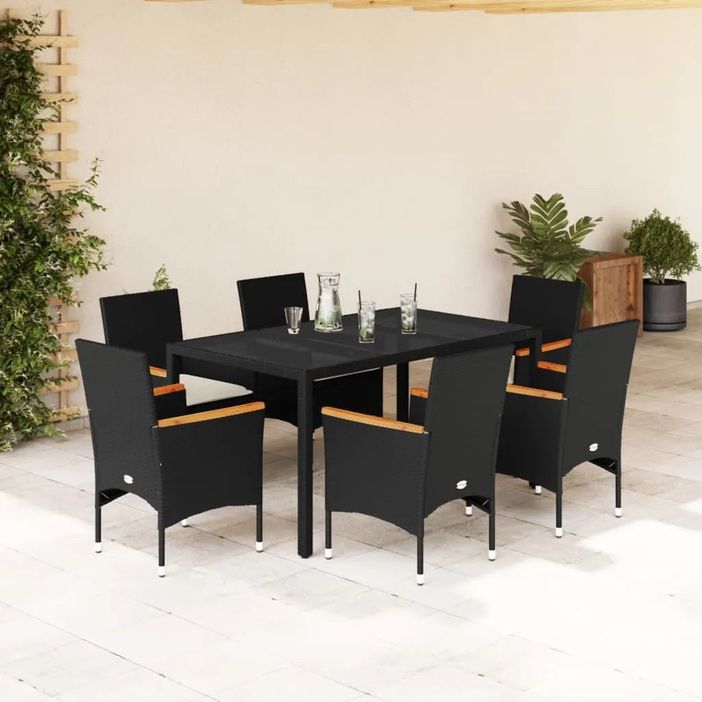 vidaXL 7 pcs conjunto jantar jardim c/almofadões vime PE/vidro preto