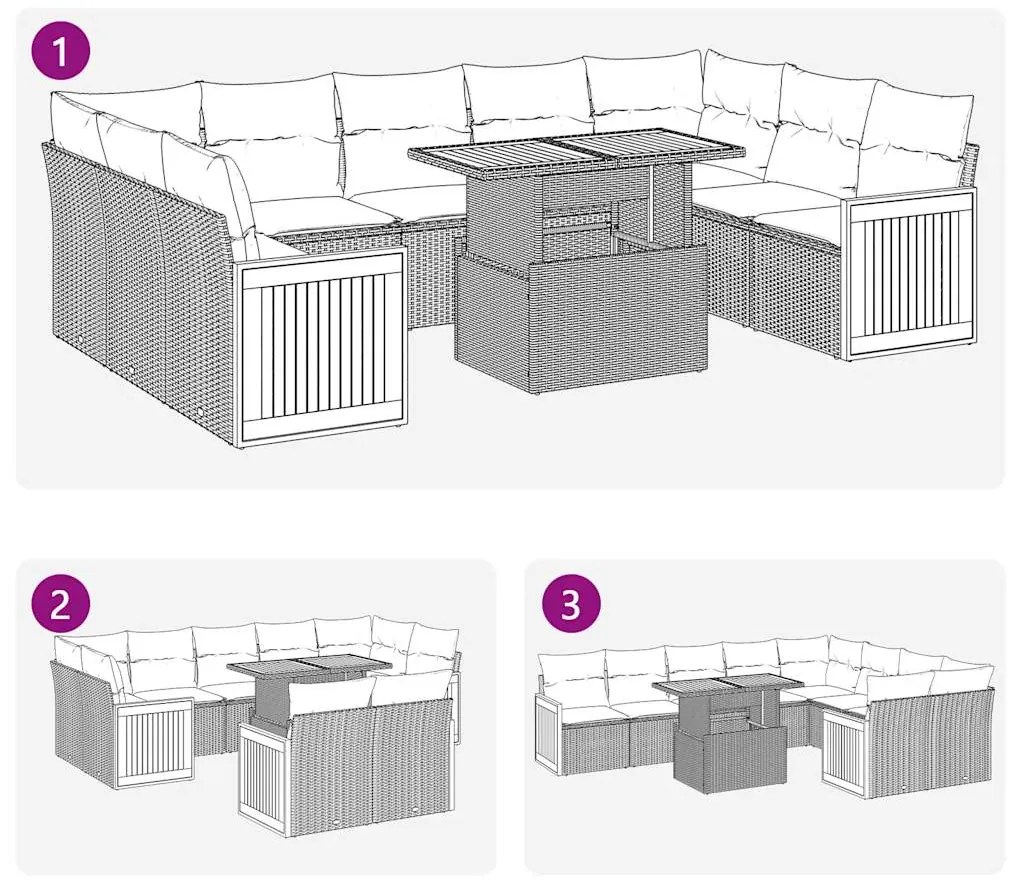 10 pcs conjunto sofás jardim almofadões vime PE/acácia cinzento