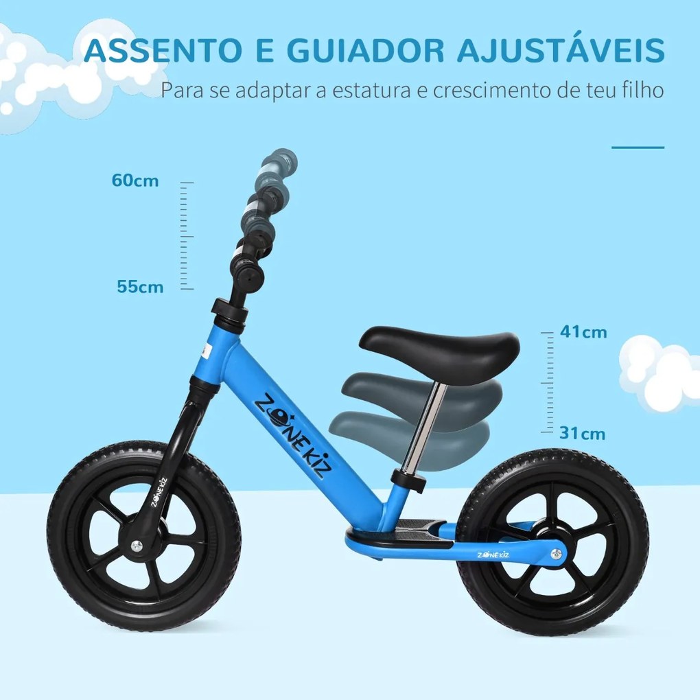 HOMCOM Bicicleta sem Pedais para Crianças acima de 3 Anos com Assento e Guiador Ajustáveis Bicicleta de Equilíbrio Infantil com Estrutura de Aço