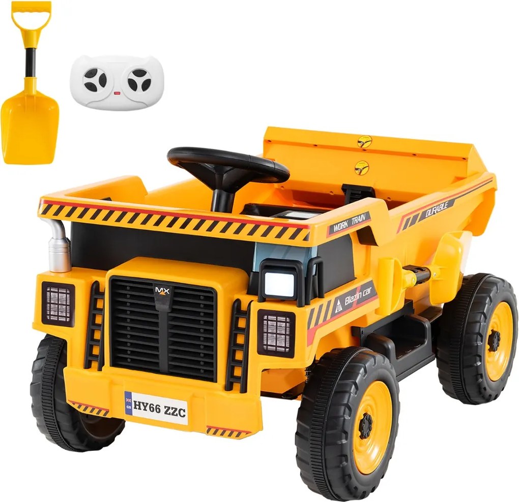 Camião basculante elétrico de 24 V para criançasde construção de 4 rodas com caçamba basculante Pá Controle remoto Música Amarelo