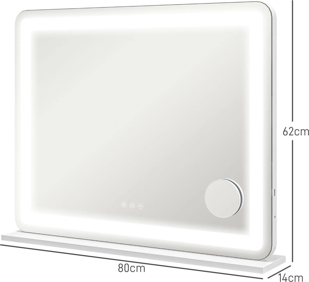 Espelho com iluminação LED 80 x 62 cm, 3 modos de iluminação, ampliação de 10x, porta de carregamento USB, botão tátil branco