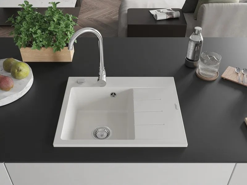 Mexen Ben lava-loiça de granito de 1 cuba com escorredor, esquerdo 600 x 500 mm, branco, sifão cromado - 6522605000-20
