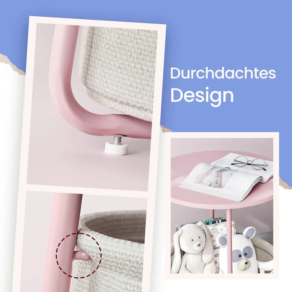 Mesa auxiliar redonda com cesto em tecido 45 x 50 cm rosa + branco creme