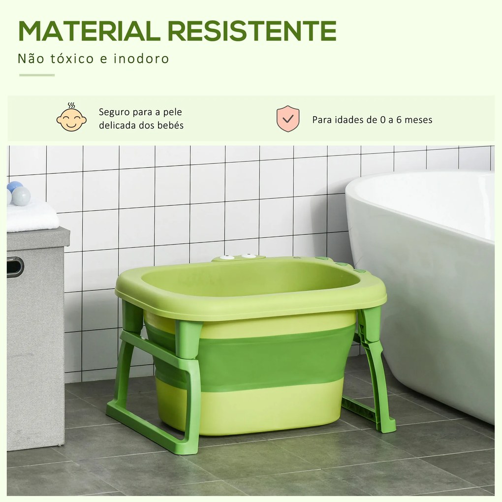 Banheira Dobrável para Bebé de 0-6 Anos Capacidade 105L Banheira Portátil para Crianças 75,3x55,4x43 cm Verde