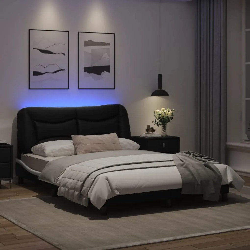 Estrutura cama c/ luzes LED 120x200cm couro artif. preto/branco