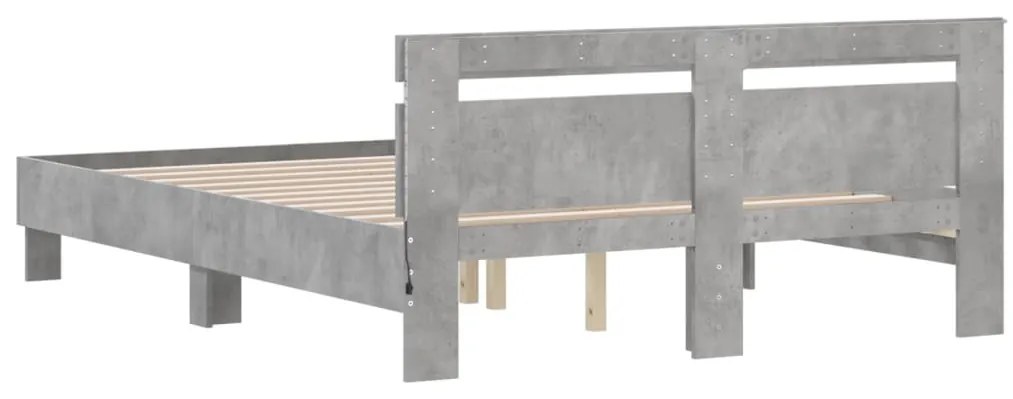 Estrutura cama cabeceira e luzes LED 140x190cm cinzento cimento