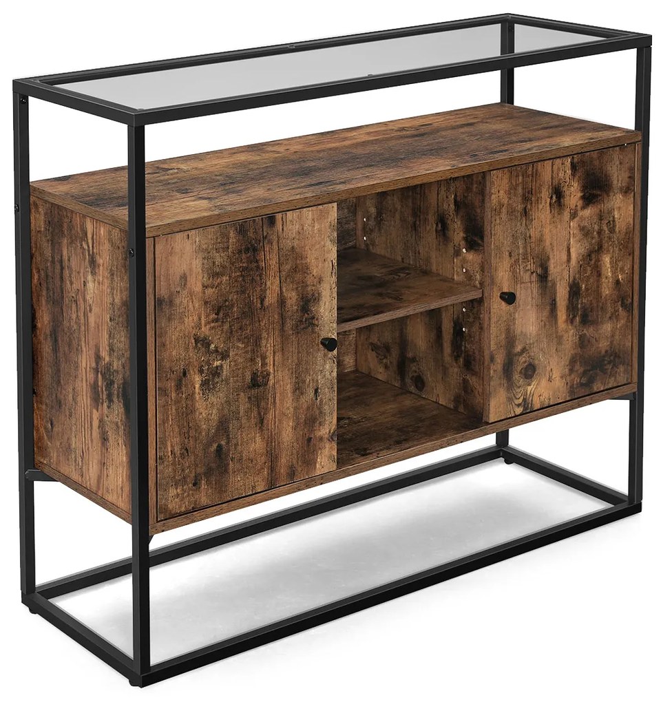 Aparador de sala com superfície de vidro e compartimentos abertos. | VASAGLE | 100 x 35 x 80,5 cm | antigo|preto | LSC014B01.