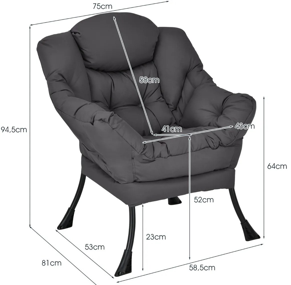 Poltrona moderna em tecido de poliéster com estrutura em metal estofada com bolso lateral 75 x 81 x 94,5 cm cinzenta