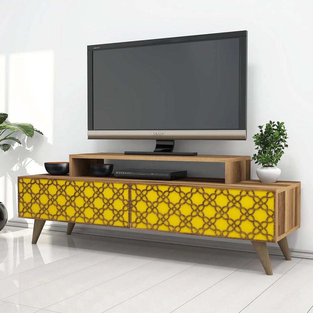 Móvel TV City – Nogueira e Amarelo – 140x48,8x41,8 cm