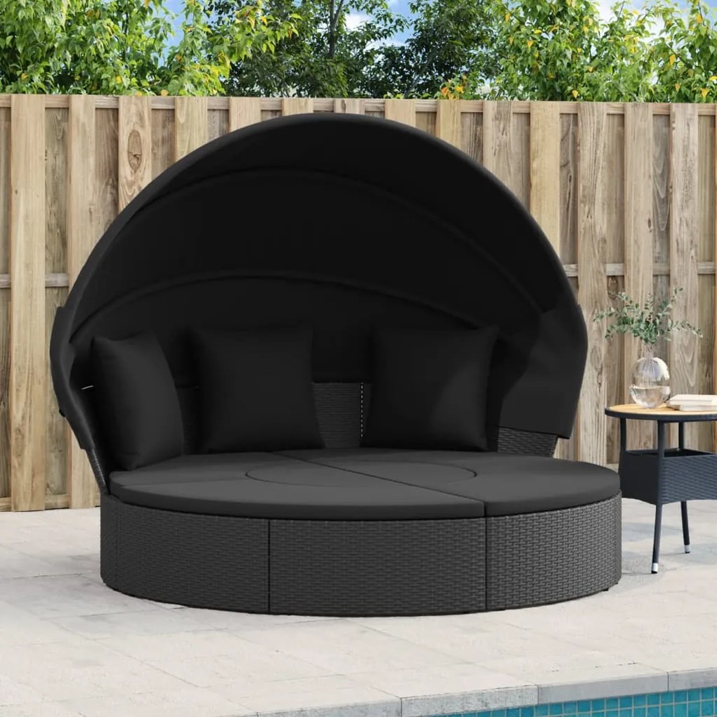 vidaXL Cama lounge de exterior c/ toldo e almofadões vime PE preto
