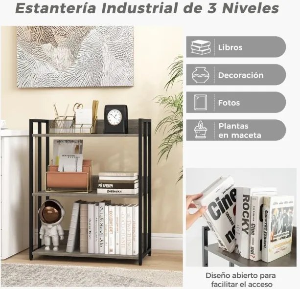 Estante de 3 prateleiras ajustáveis e estrutura metálica para cozinha, sala 70 x 35 x 81 cm Cinzenta