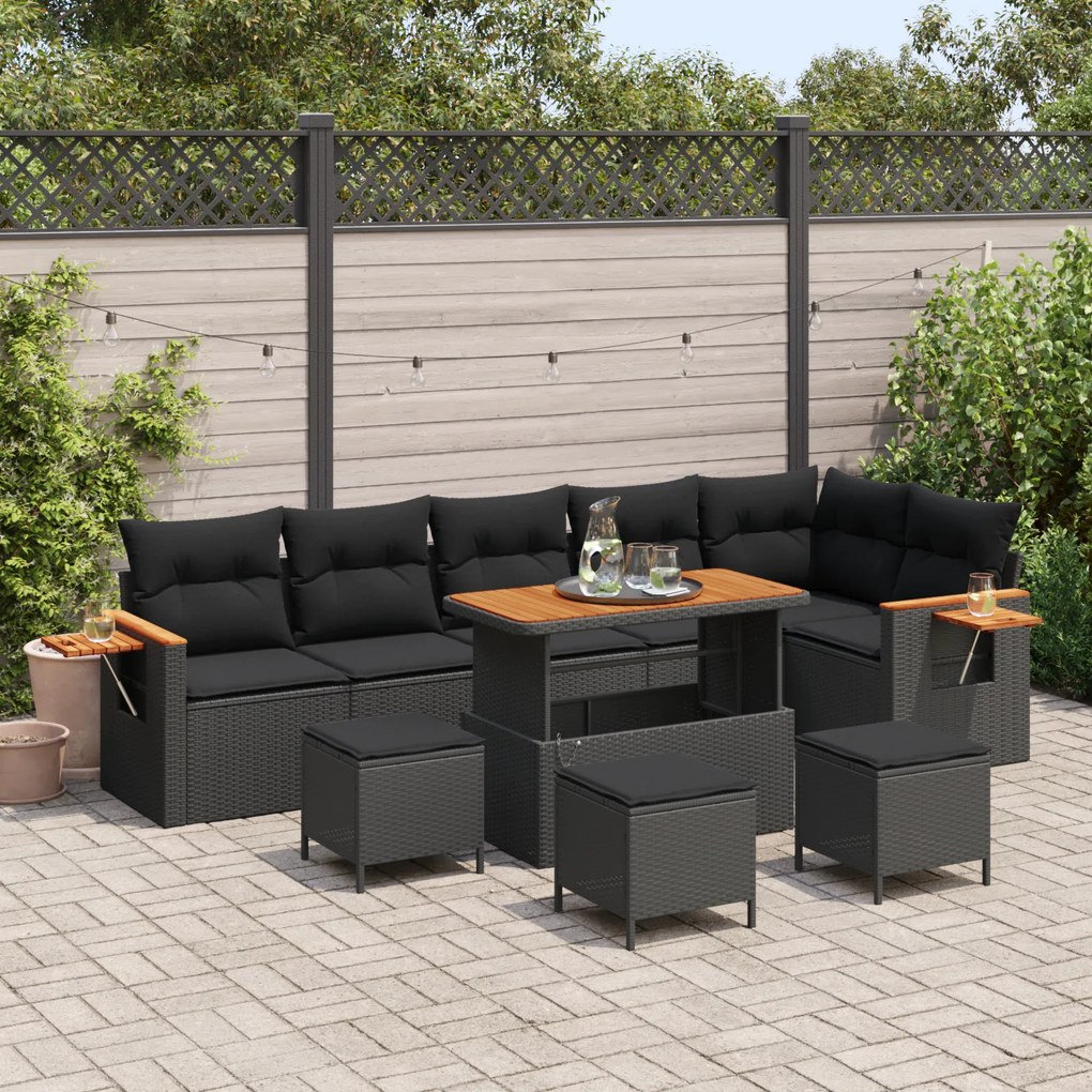 Conjunto de Sofá de Jardim com Almofadas vidaXL 10 Peças Preto Rattan Polimérico Acácia