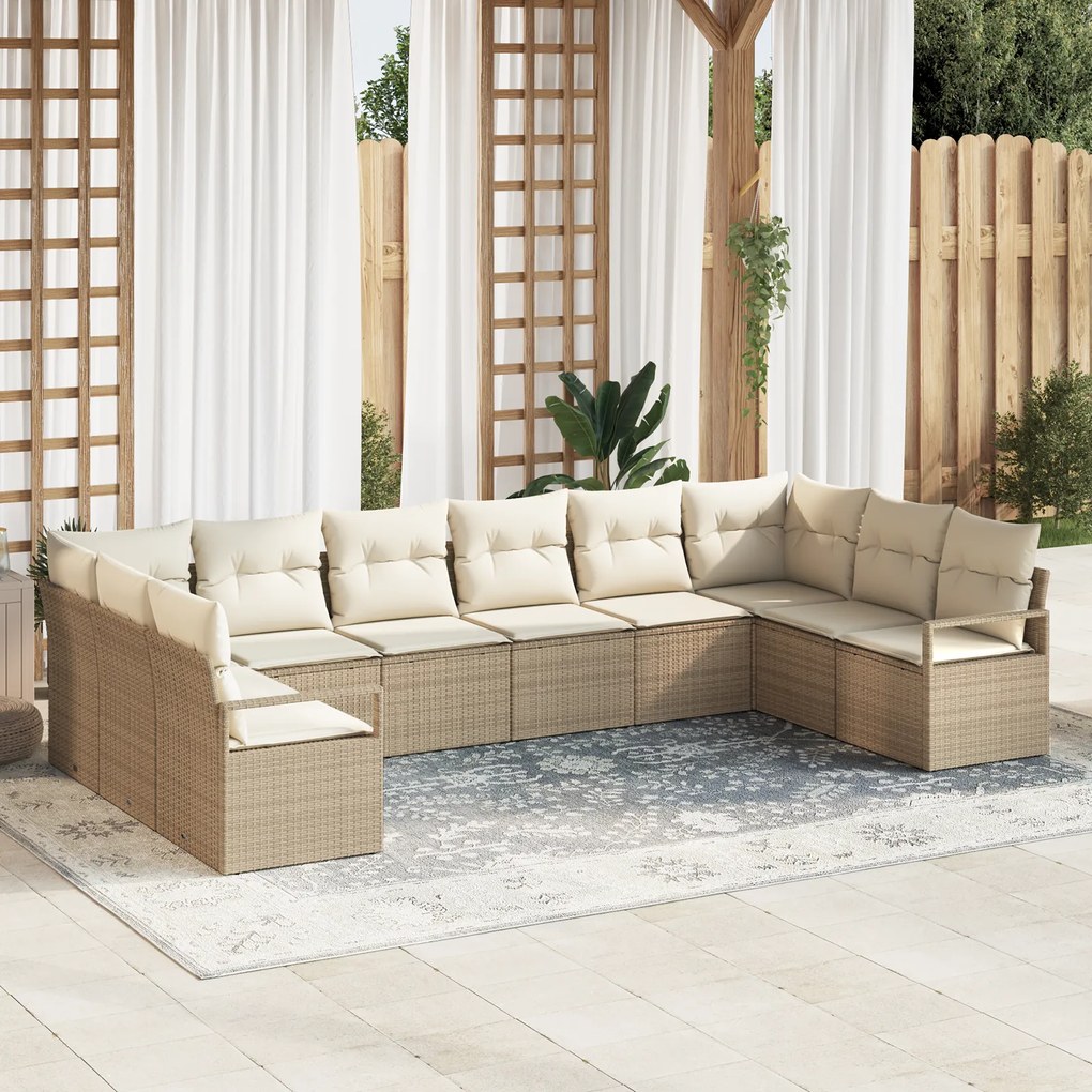 Conjunto de Sofás de Jardim de 10 Peças com Almofadas em Bege e Vime,