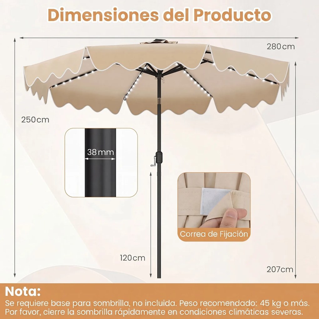 Guarda sol de Jardim, 280 x 280 x 250 cm (BASE NÃO INCLUIDA), Iluminação LED Integrada, Bege