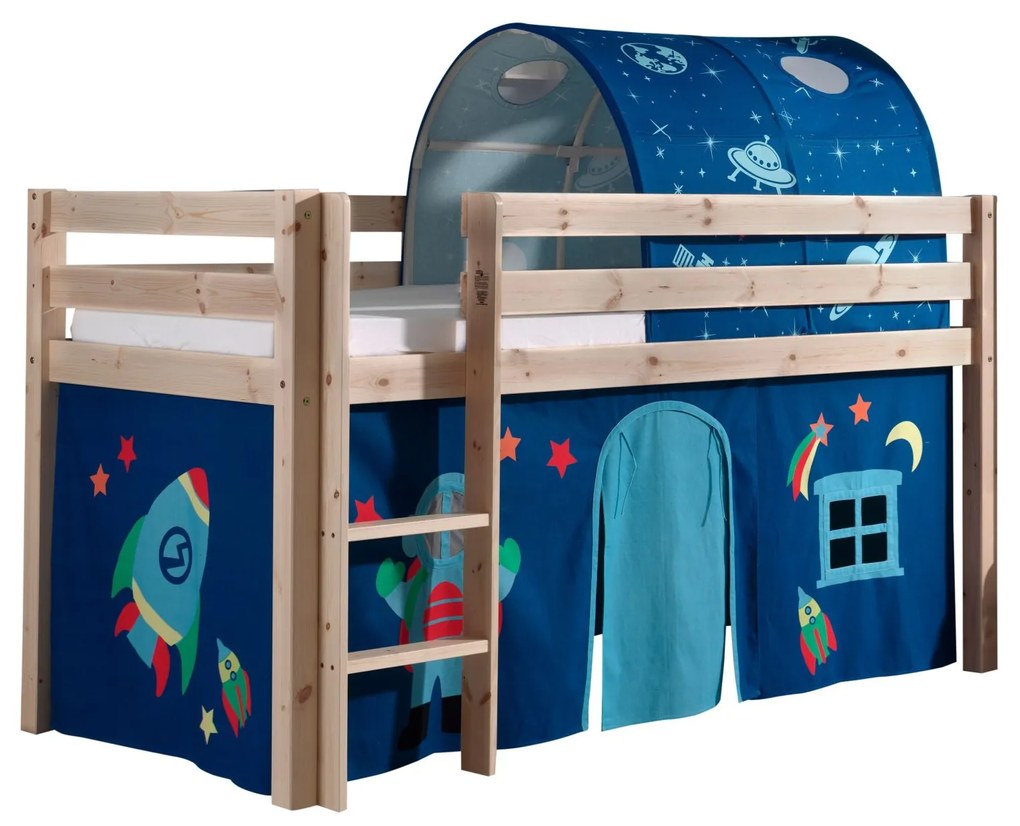 Conjunto Cama alta de Criança PINO 90 x 200 cm + estrado + escada + cortina + túnel Espaço Natural