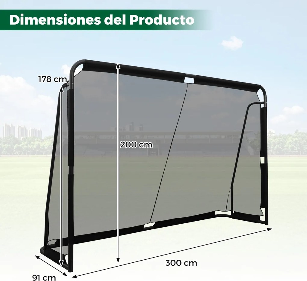 Baliza de futebol 300x200cm Rede PE impermeável Estrutura metálica 8 estacas para treino futebol Preto
