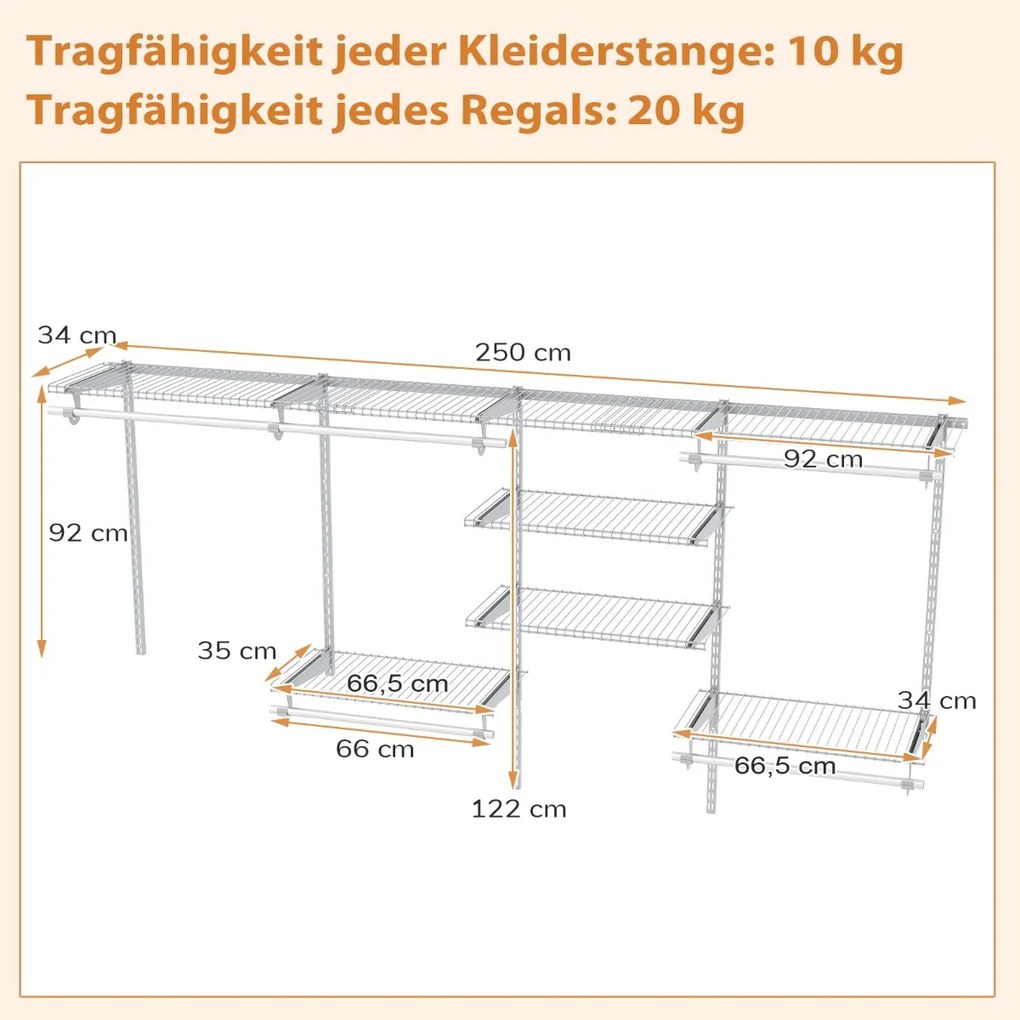 Guarda roupa aberto parede 122 - 244 cm Cabide de parede extensível Sistema de armazenamento DIY Branco