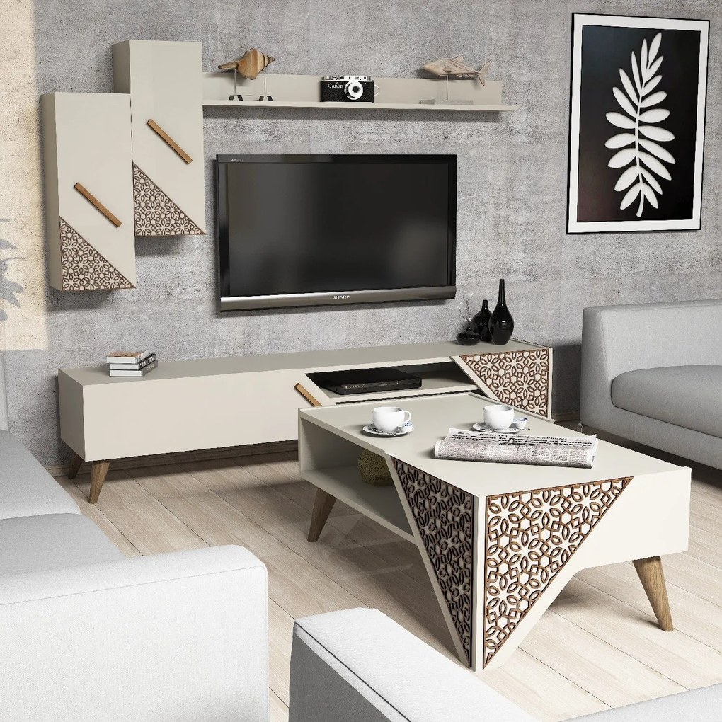 Conjunto de Mobiliário de Sala de Estar Beril – Creme – Conjunto Compl