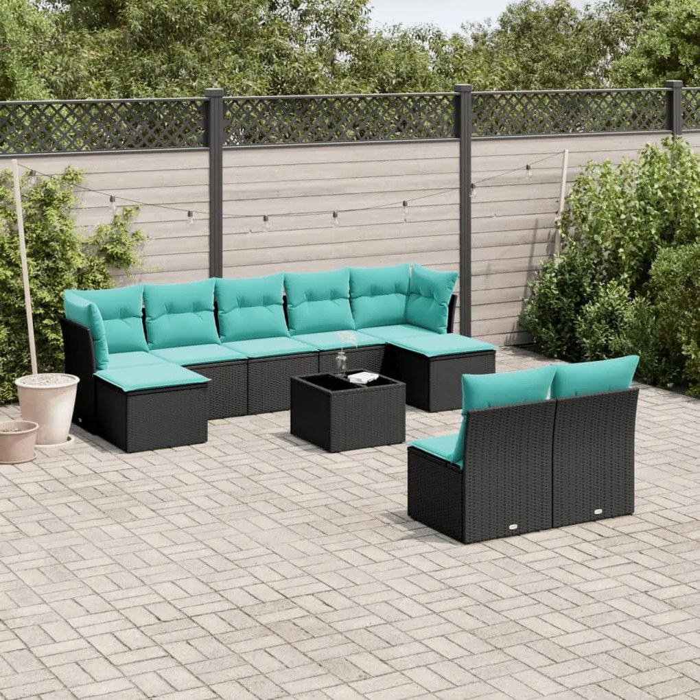 vidaXL 10 pcs conjunto de sofás p/ jardim c/ almofadões vime PE preto