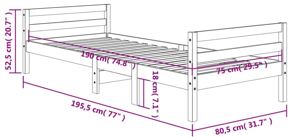 Cama sem colchão 75x190 cm madeira de pinho maciça castanho-mel