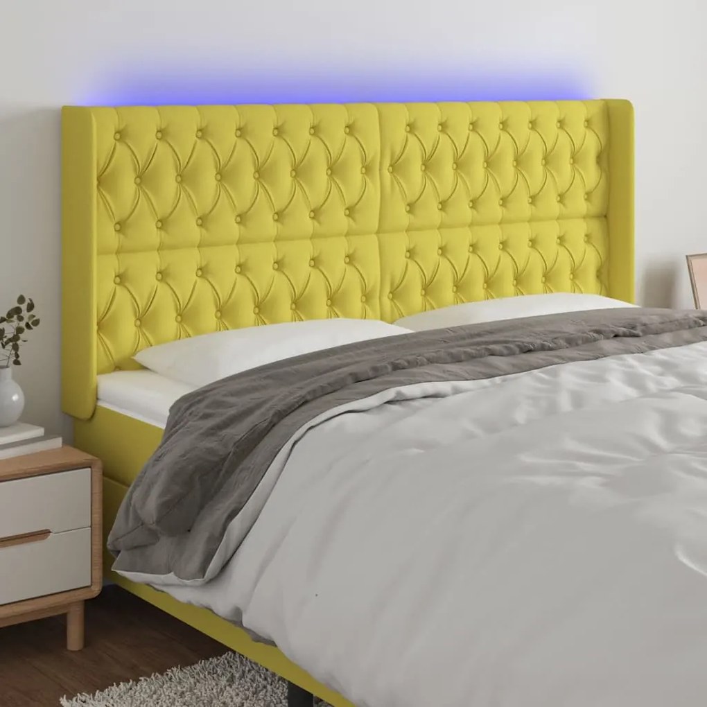 vidaXL Cabeceira de cama c/ luzes LED tecido 183x16x118/128 cm verde