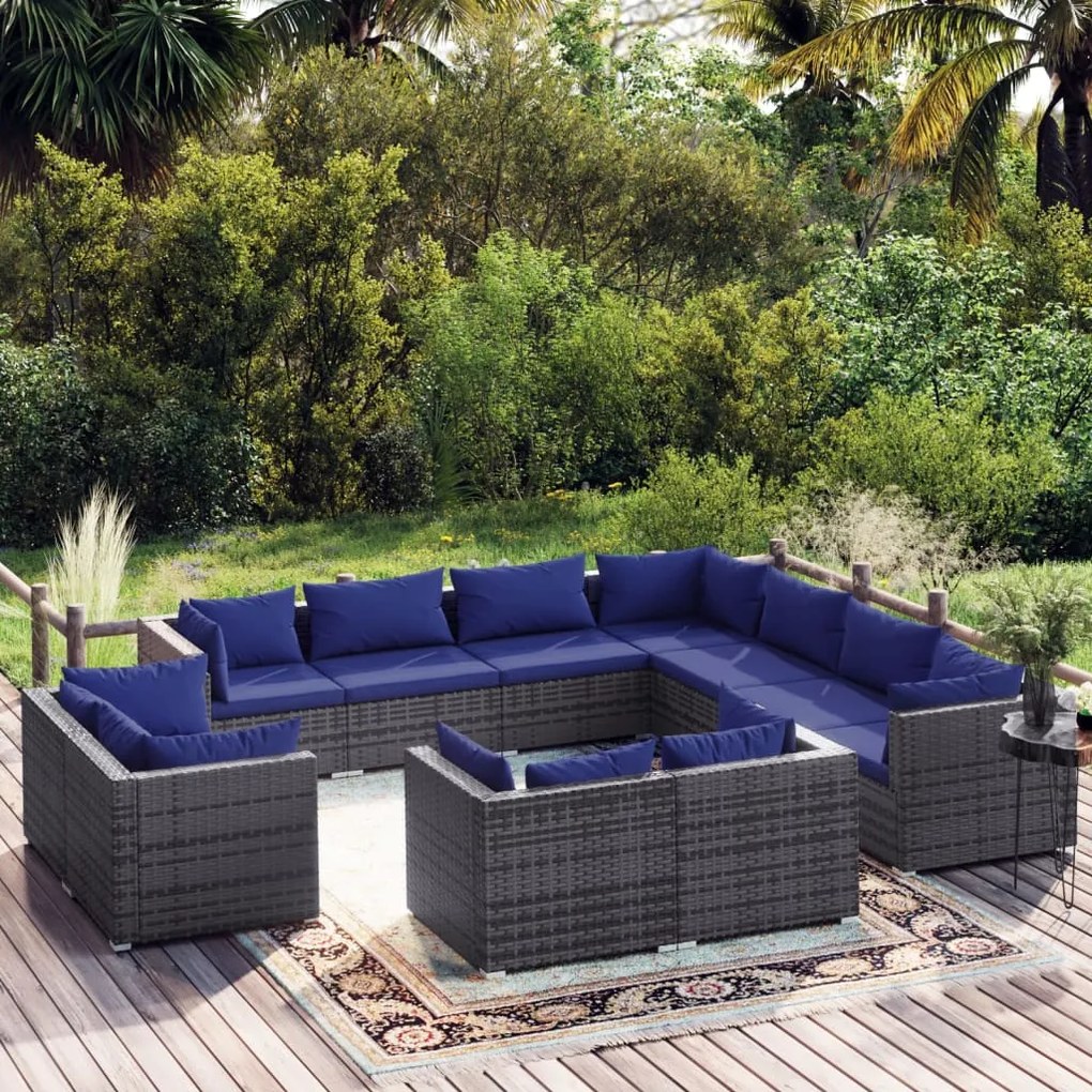 vidaXL 11 pcs conjunto lounge de jardim c/ almofadões vime PE cinza