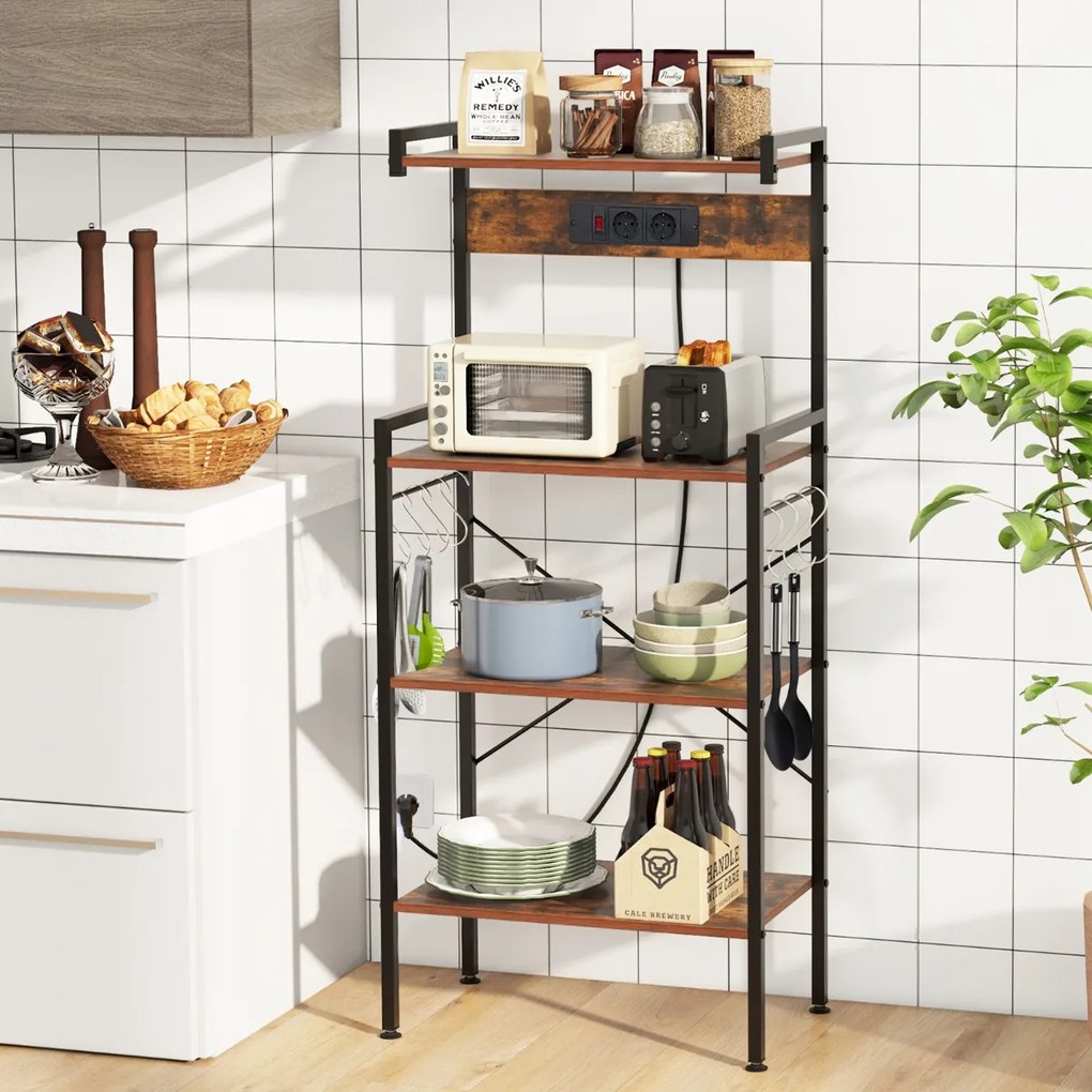 Armário de cozinha com tomadas Estante de micro-ondas de 4 níveis com 8 ganchos 59 x 34 x 136 cm Castanho