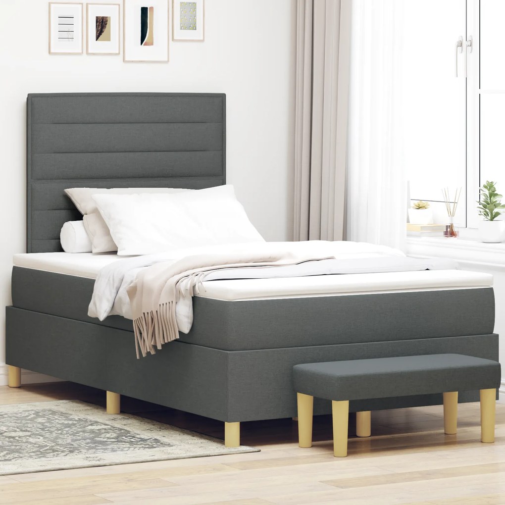 Cama Box Spring com Colchão & Banco Cinza Escura 120x200 cm Tecido