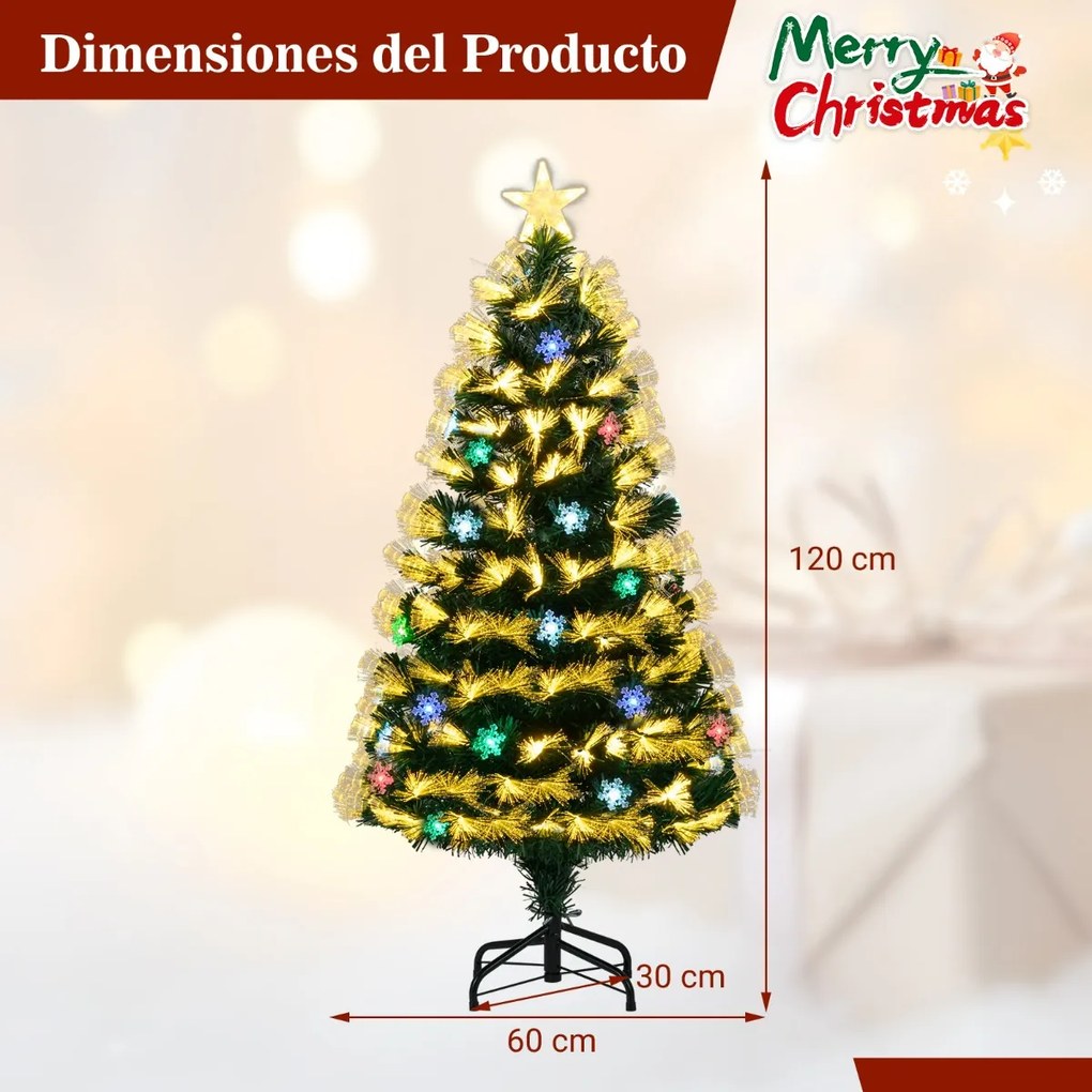 Árvore de Natal de fibra ótica de 120 cm artificial (DECORAÇÕES NÃO INCLUIDAS) pré-iluminada com 8 modos de luz 130 pontas de ramos 14 flocos de neve