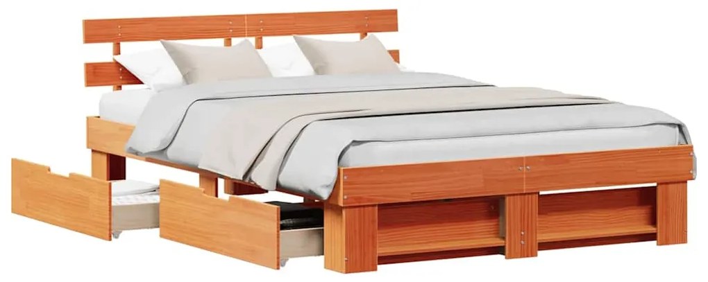 Estrutura da Cama com gaveta com cabeceira com armazenamento Castanho-