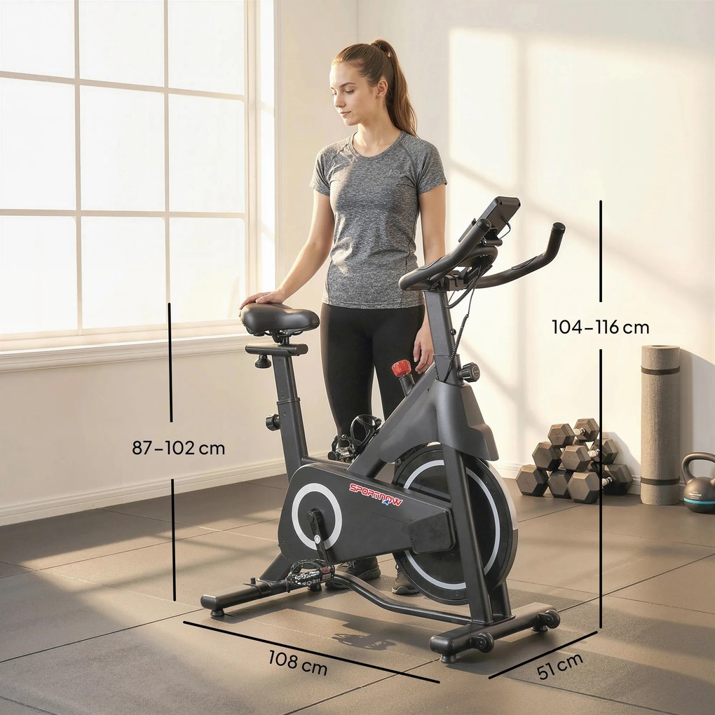 Bicicleta estática, Bicicleta de exercício, Resistência magnética ajustável, Ecrã LCD, Assento confortável, 108 x 51 x 116 cm, branco, preto