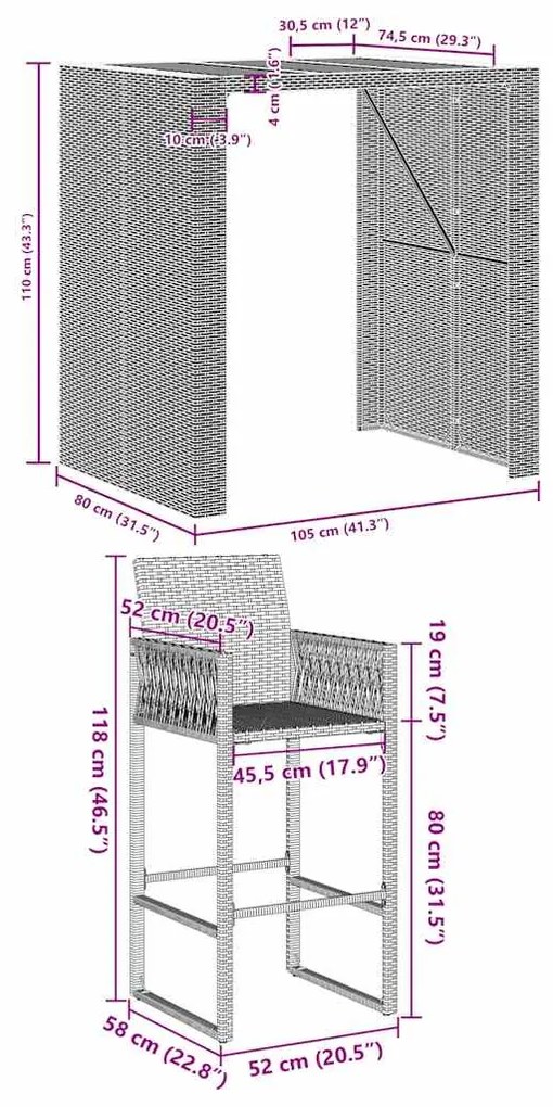 5 pcs conj. bar jardim sem almofadões vime PE/acácia cinzento