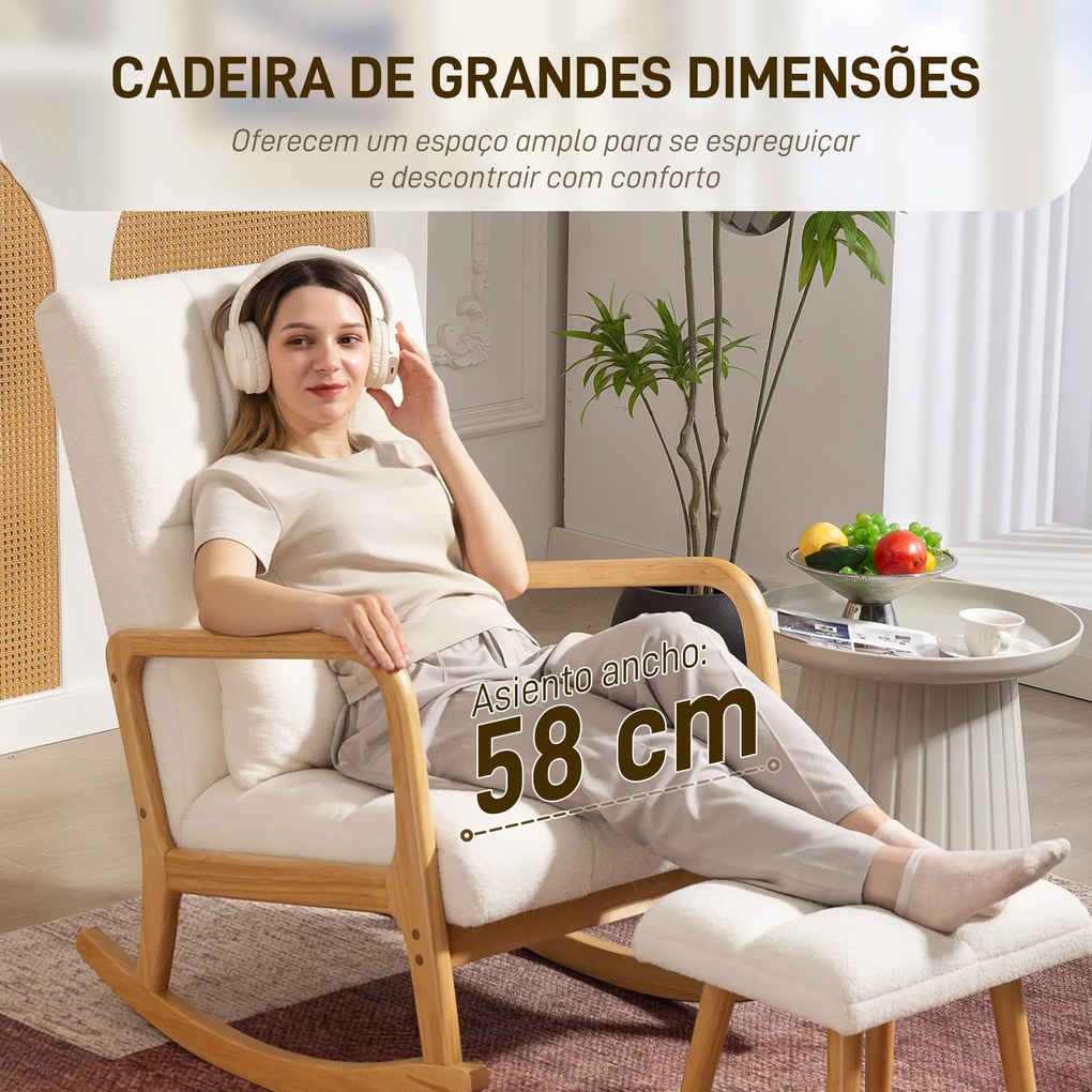 Poltrona de Baloiço com Apoio para os Pés Estofado em Bouclé com Almofada Acolchoada Encosto Ergonómico Apoios de Braços e Pés de Madeira 64,5x82x89 c