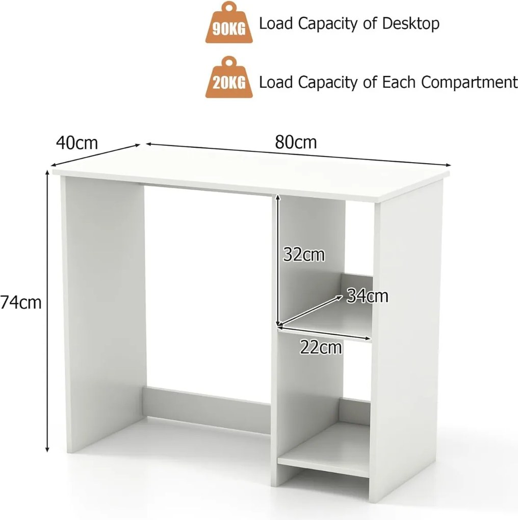 Secretaria compacta 80 x 40 cm com 2 prateleiras Design moderno que economiza espaço para casa e escritório Branco