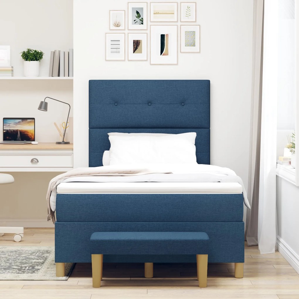 Cama Box com Colchão e Banco Azul 120x190 cm Tecido