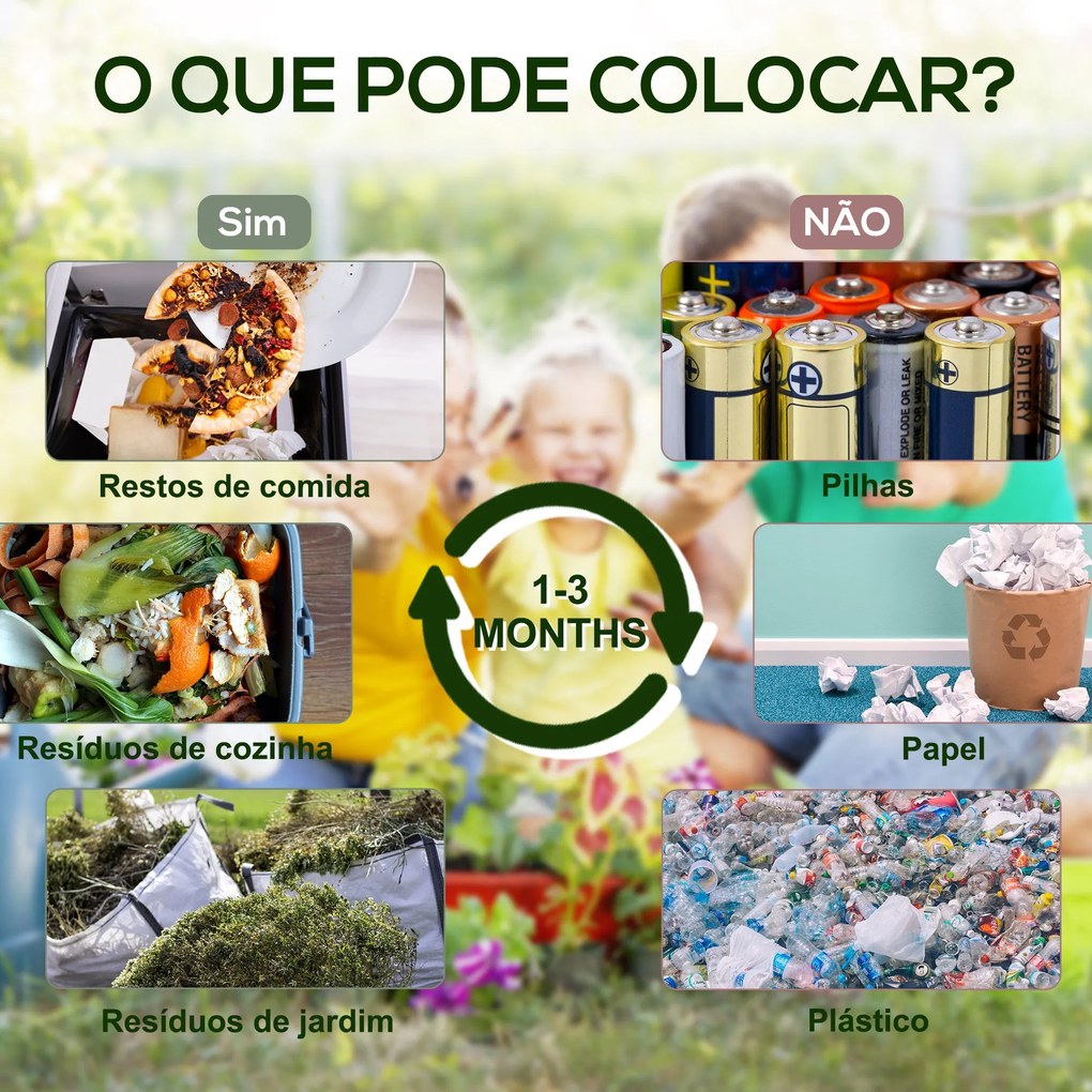 Compostor Giratório de 65L Recipiente de Compostagem de Jardim com Câm