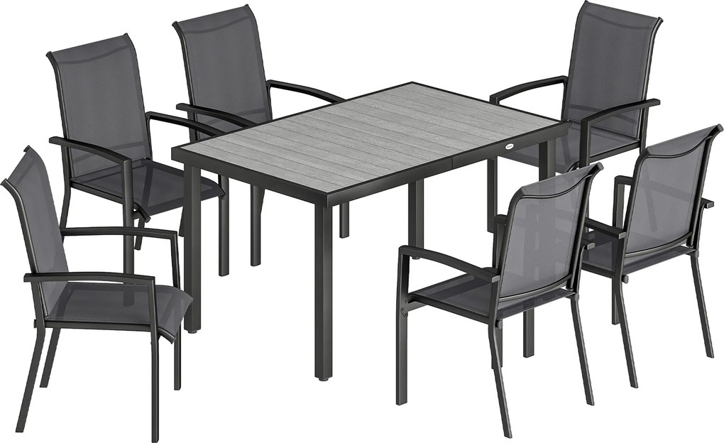 Outsunny Conjunto da Exterior 7pz com Mesa de Jardim a 2 Secções e 6 Cadeiras Empilháveis em Textilene Cinza | Aosom Portugal