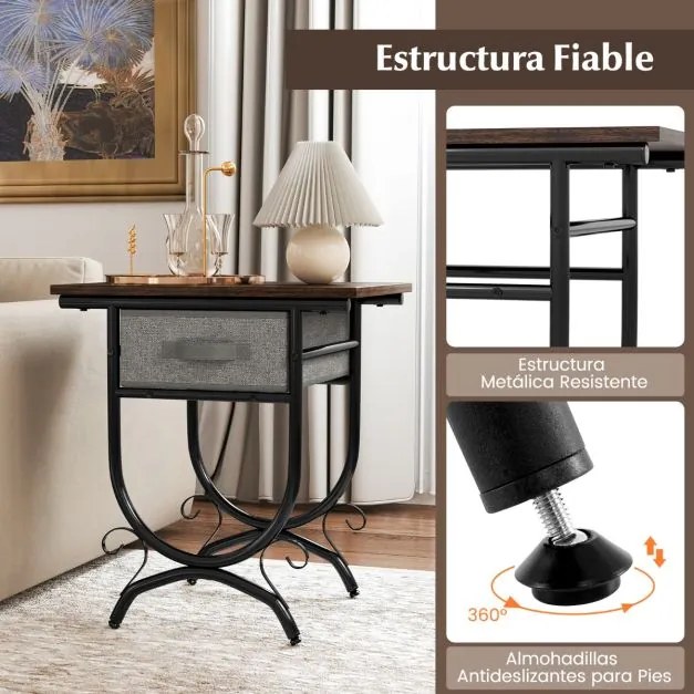 Mesa de cabeceira com gaveta de tecido, tábua de madeira e estrutura metálica 48 x 35 x 53 cm Castanho e cinzento