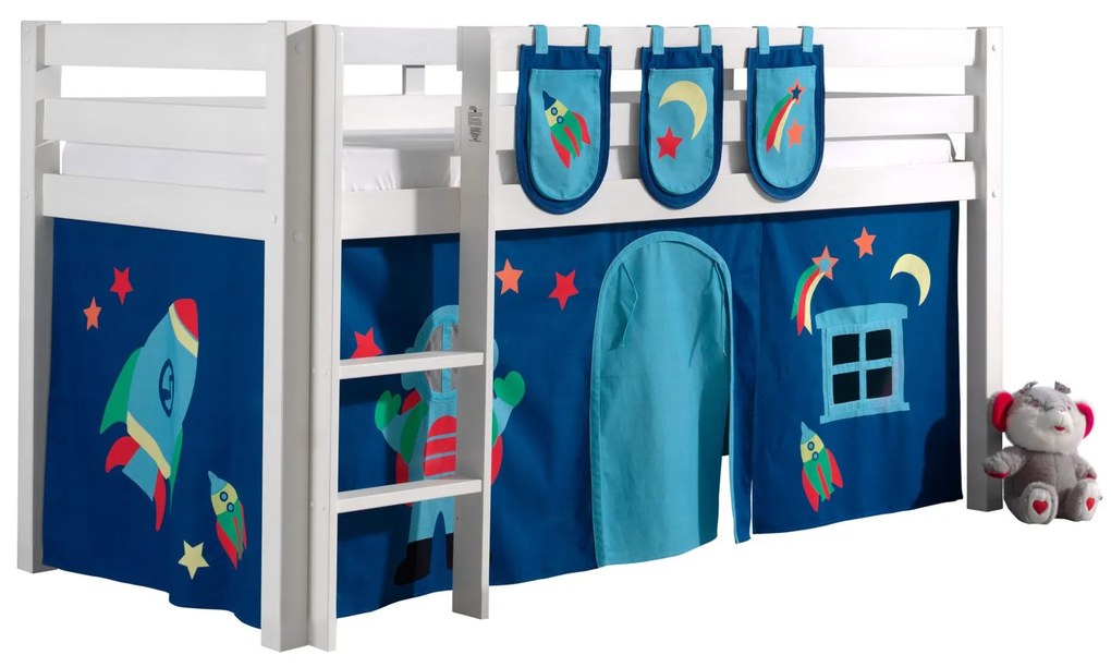 Conjunto Cama alta de Criança PINO 90 x 200 cm + estrado + escada + cortina +3 bolsas Astronauta Branca