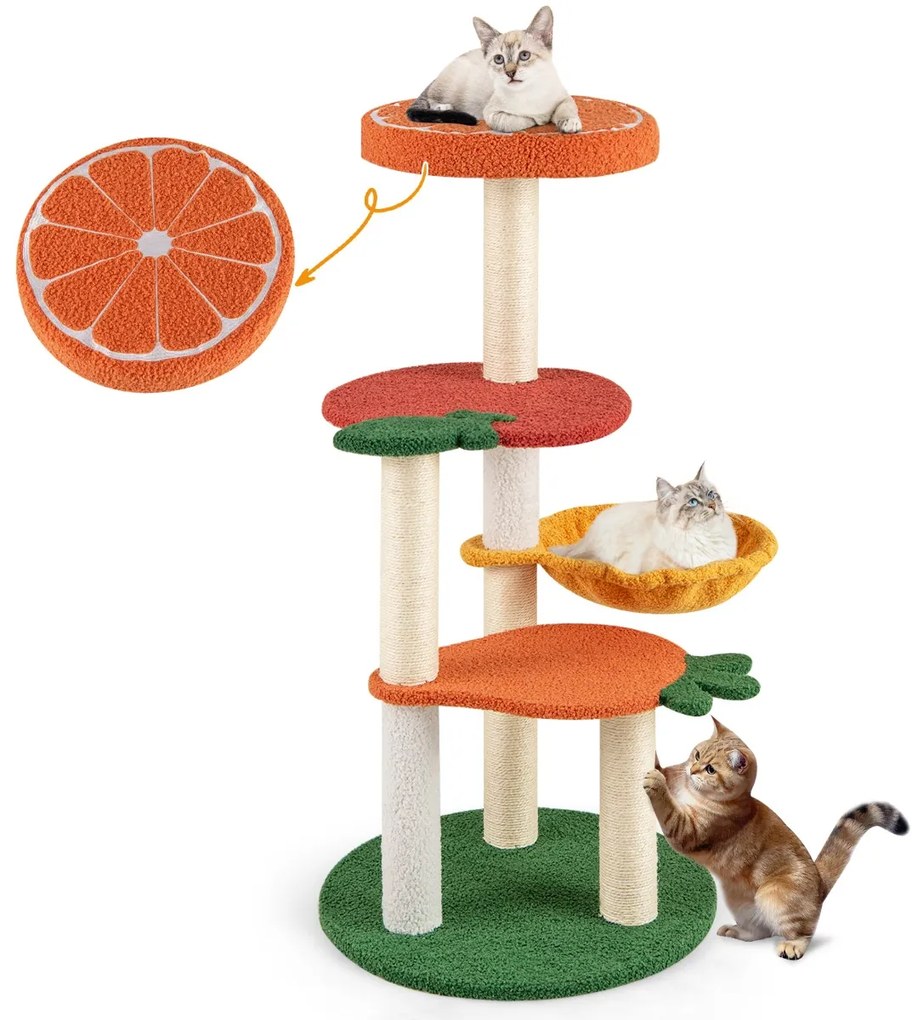 Arranahdor para gatos estilo fruta de 99,5 cm, vários níveis com cabide acolchoado, cesto giratório e postes de sisal para arranhar Laranja