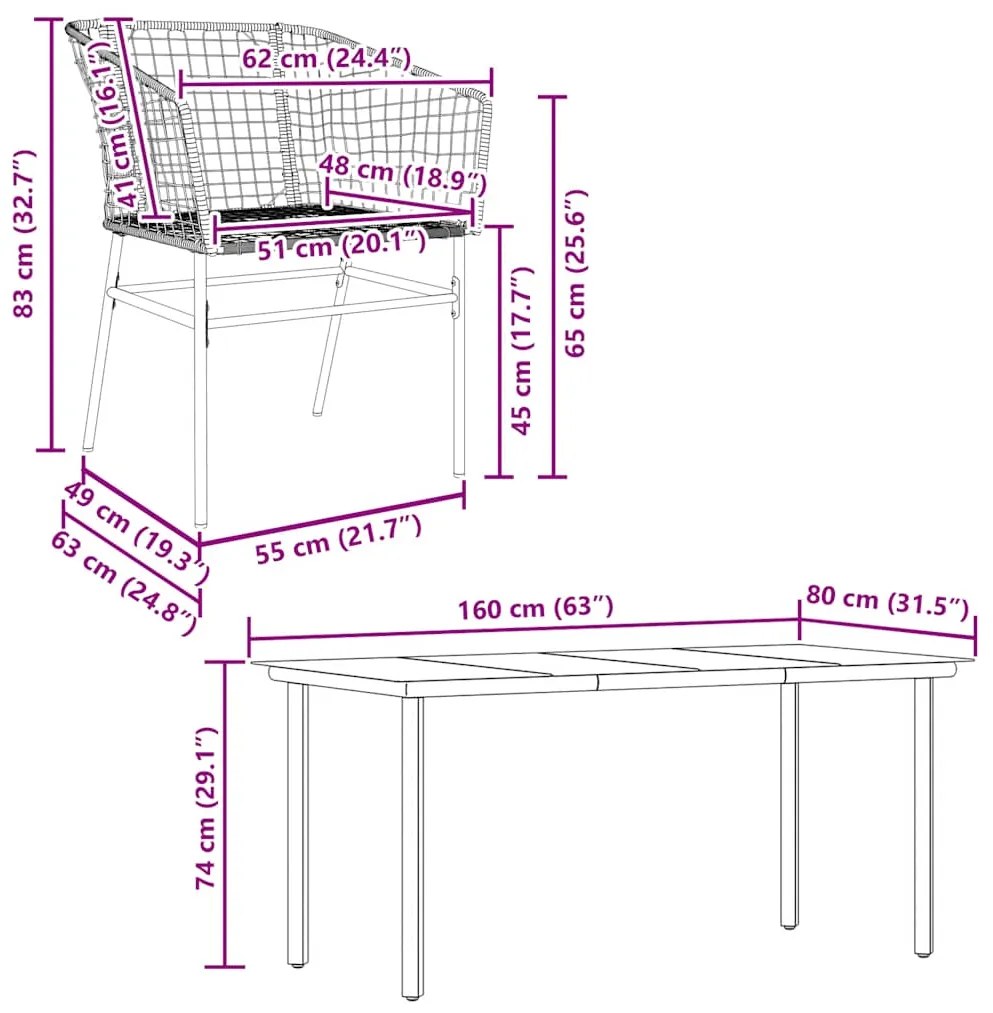 Conjunto de jantar jardim 7 peças vidro vime PE preto