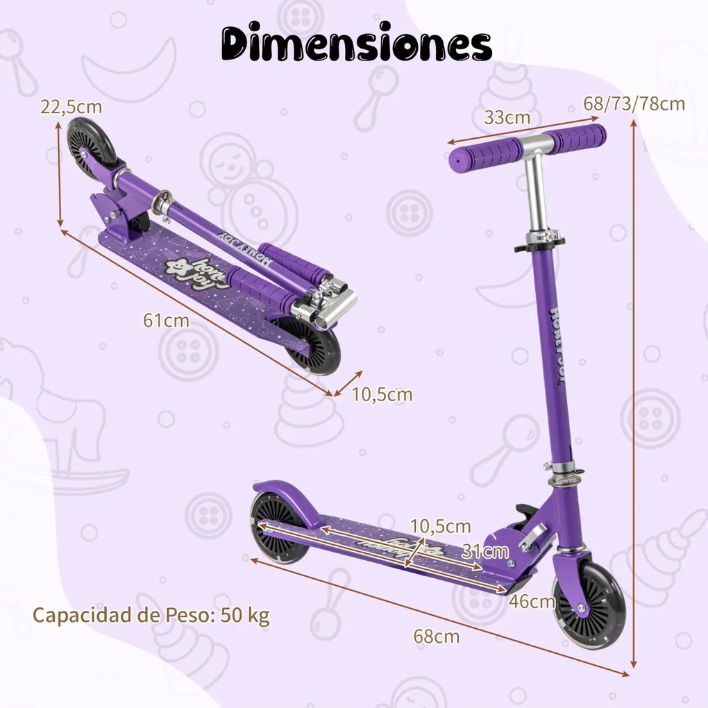 Trotinete dobrável para crianças com 2 rodas intermitentes Guiador ajustável Sistema de travão traseiro com apoios para os pés para crianças a partir