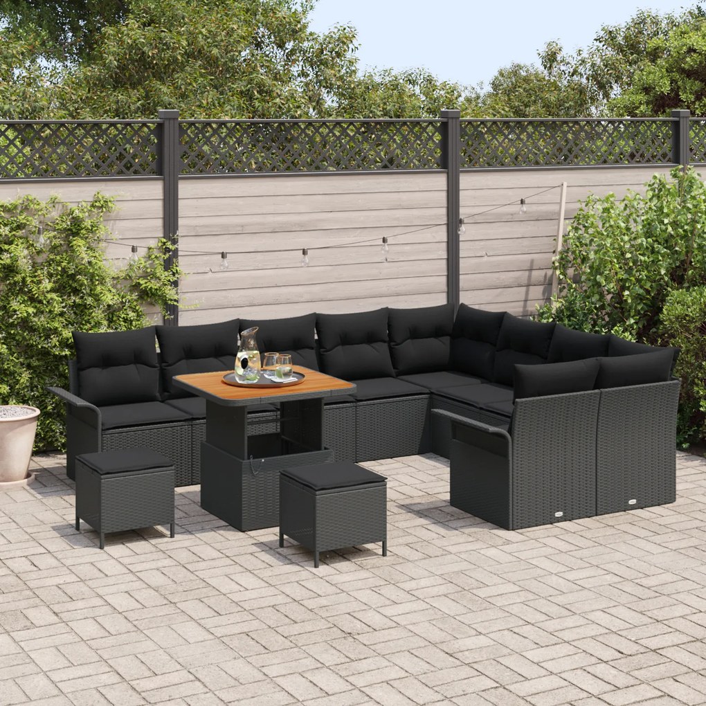 Conjunto de Sofá de Jardim vidaXL 12 Peças com Almofadas Preto Vime Ac
