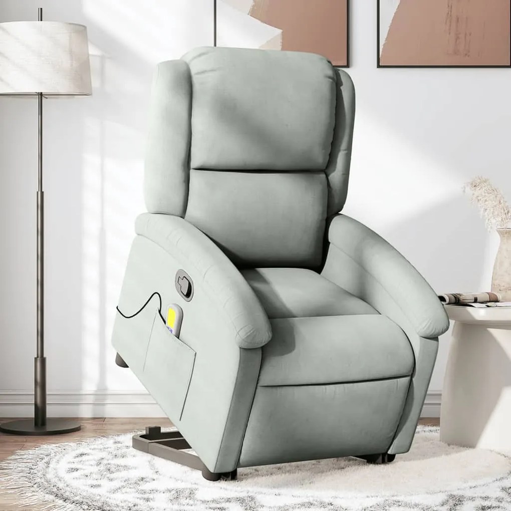 vidaXL Poltrona elevatória de massagens veludo cinza-claro